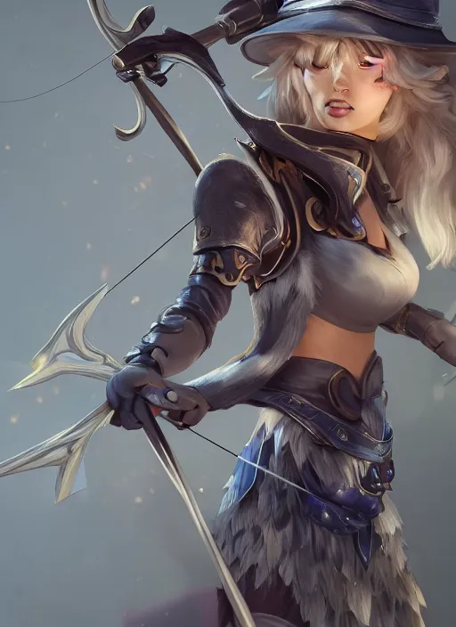 Image similar to ashe, from league of legends, shooting arrows with a silver bow, wearing fluffy skin, long skirt, hyper detailed, digital art, trending in artstation, cinematic lighting, studio quality, zoom in, smooth render, unreal engine 5 rendered, octane rendered, art style by klimt and nixeu and ian sprigger and wlop and krenz cushart