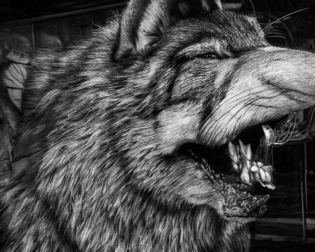 Image similar to Close up camera footage of a extremely aggressive Feral Mutated Wolf with severe late stage rabies in an abandoned shopping mall, Wolf Snarling Directly toward camera, Terrifying :7 , high exposure, dark, monochrome, camera, grainy, CCTV, security camera footage, timestamp, zoomed in, Feral, fish-eye lens, Rabid, Radiation Mutated Wolf, Nightmare Fuel, Wolf, Evil, Bite, Motion Blur, horrifying, lunging at camera :4 bloody dead body, blood on floors, windows and walls :5