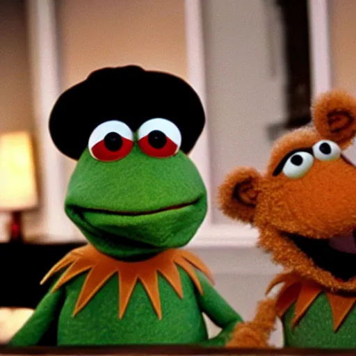 Image similar to Kermit the Frog and Fozzie Bear, Pulp Fiction still frame, cinematic