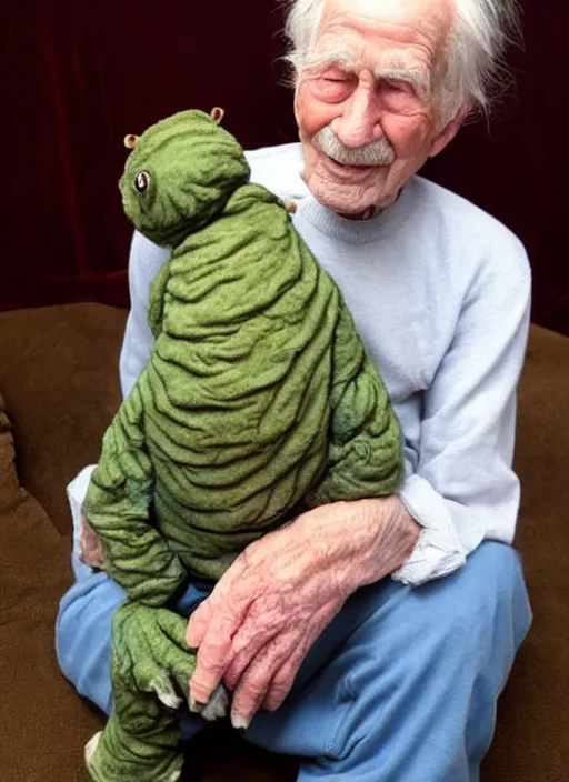 Image similar to an elderly man and his pet tardigrade, tardigrade on lap, cute pet photo