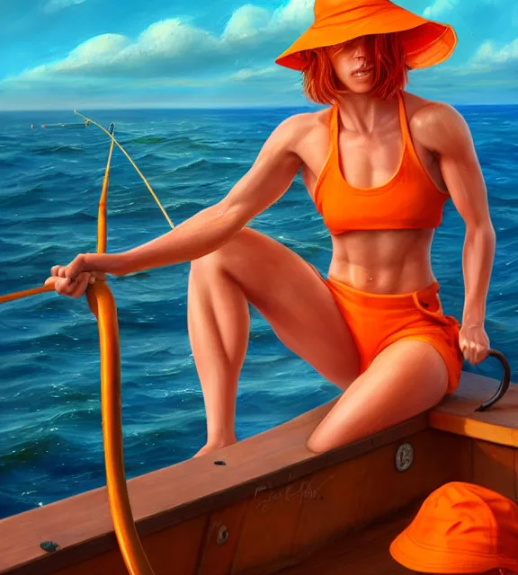 Prompt: muscular female fisherman on ship at sea, perfect face, bucket hat, orange halter top, ginger hair, abs, cinematic, blush, stunning, athletic, strong, agile, highly detailed, psychedelic, digital painting, artstation, smooth, hard focus, illustration, art by jessica rossier and and brian froud