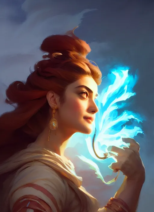 Image similar to side portrait, maya ali, wind sorcerer, gloomhaven, organic painting, hard edges, luminescent, octane render, by greg manchess, huang guangjian, gil elvgren, sachin teng, greg rutkowski, jesper ejsing, rhads, ilya kuvshinov, cushart krenz