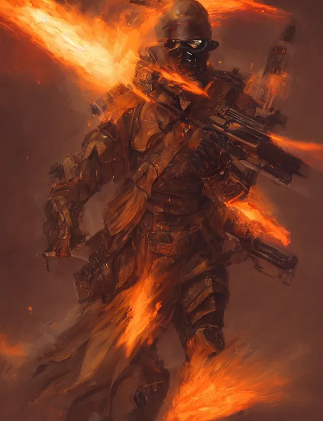 Prompt: a masked soldier in orange armour burning with fire, holding a massive powerful sniper rifle, by frank fazetta and peter mohrbacher, trending on artstation, digital art, 4 k resolution, detailed, high quality, hq artwork, coherent, insane detail, concept art, character concept, character full body portrait