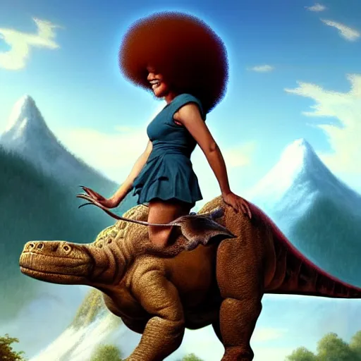 Image similar to bob ross!!! riding!!! a dinosaur!!, giant afro!, model pose, ultra realistic, concept art, intricate details, highly detailed, photorealistic, octane render, 8 k, unreal engine. art by artgerm and greg rutkowski and alphonse mucha