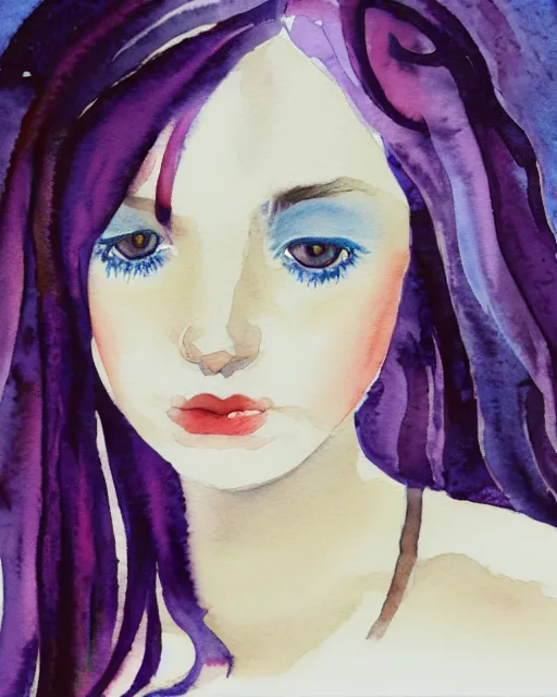 Image similar to watercolor picture of a beautiful young woman in white dress, looking back at the camera, blue eyes, purple hair, high key, watercolor