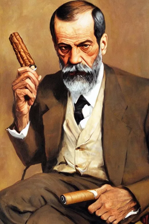 Prompt: portrait of sigmund freud, holding cigar, by frank mccarthy, detailed, impressive, freudian