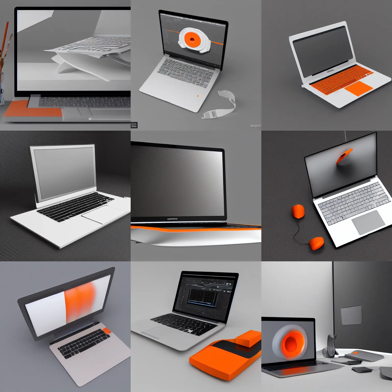 Prompt: cad render of futuristic laptop, parametric solid works, ( design by apple ), studio photo, white and grey, orange details, octane render