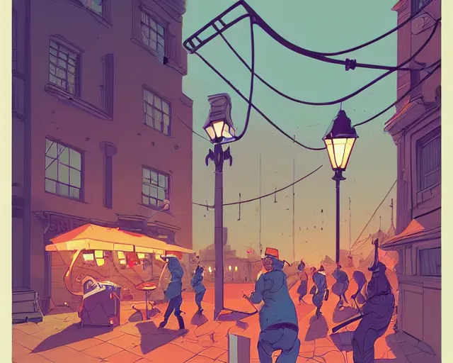 Prompt: a study of cell shaded cartoon of the concert of a music band playing music, street lamps, road, illustration, wide shot, subtle colors, post grunge, concept art by josan gonzales and wlop, by james jean, Victo ngai, David Rubín, Mike Mignola, Laurie Greasley, highly detailed, sharp focus, Trending on Artstation, HQ, deviantart, art by artgem