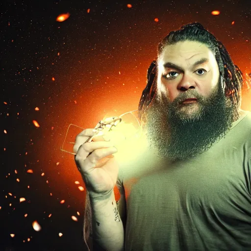 Prompt: 4 k, hd, hyperealistic portrait of bray wyatt holding a lantern staring into the camera intensely while being surrounded by fireflies.