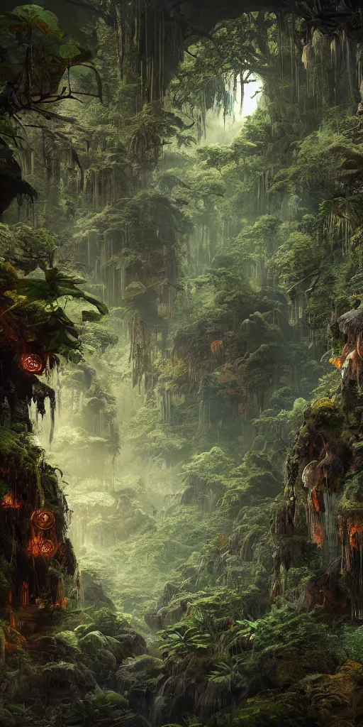 Prompt: Intricate detailed illustration, An oriental rainforest with elemental golems , cinematic lighting, by Philip Hood, wide angle, volumetric light scattering, 8k, artstation, concept art,