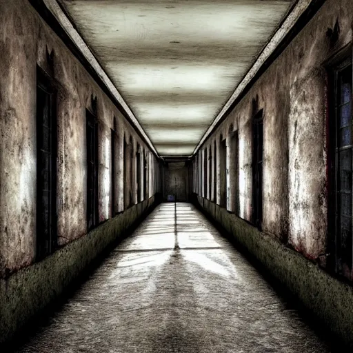 Image similar to a long shadowy decrepit asylum hallway, one point perspective, vanishing point, symmetrical composition, rich colors, dramatic lighting, by lee madgwick, photorealistic, v - ray render 8 k uhd