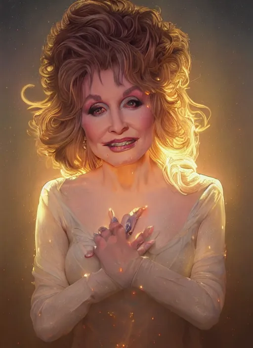 Prompt: Portrait of Dolly Parton, white glowing eyes, fantasy, extremely detailed, digital painting, artstation, concept art, smooth, sharp focus, illustration, stunning lighting, art by artgerm and greg rutkowski and alphonse mucha and simon stalenhag, realistic character concept, high fantasy, light atmosphere, golden ratio, cinematic lighting, hyperdetailed, high resolution, insanely detailed and intricate, artstation, Marc Simonetti, Greg Rutkowski, 8k