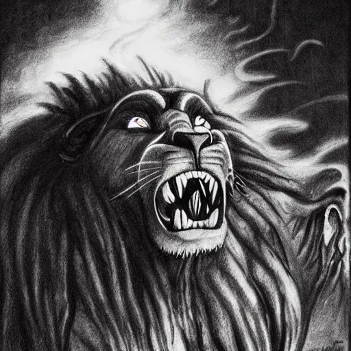 Image similar to Black and white drawing of Mufasa\'s death scene, Stephen Gammell style, evil, high detail, Scary Stories