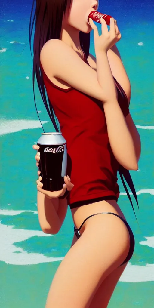 Image similar to full body picture of a girl drinking a coke, highly detailed face, very thirsty, dripping on the body, sharp focus, shiny day beach, extremely beautiful and cute and aesthetic face and body, specular reflection, occlusion shadow, trending on artstation, epic light novel cover art, art by ilya kuvshinov and sakimichan and jeremy lipking