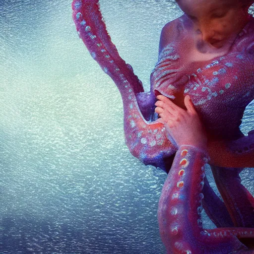 Image similar to kodak film, symmetrical balance, soft blur light, volumetric lighting, highly detailed, britt marling style 3 / 4, a octopus woman in the water in style o f annie leibovitz, highly detailed, interstellar outdoor soft pastel mute colors scheme, hyper realistic, photo realistic