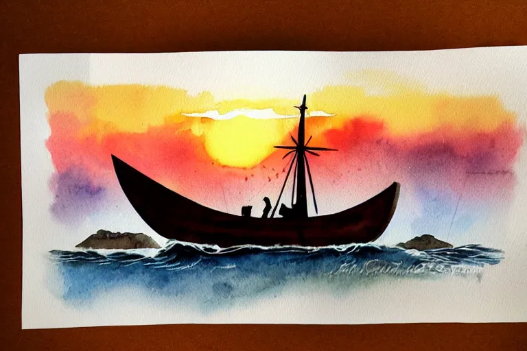Prompt: Watercolor illustration of a viking ship against the sunset