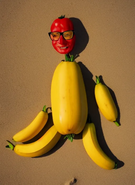 Image similar to jeff goldblum as a banana tomato on the sand of a beach