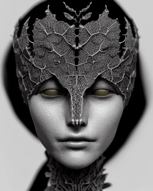 Image similar to bw close - up profile face, black background, beautiful porcelain vegetal dragon cyborg young female, 1 5 0 mm, beautiful natural soft rim light, silver gold details, magnolia leaves and stems, roots, fine lace, mandelbot fractal, elegant, ultra detailed, white metallic armour, octane render, h. r. giger style