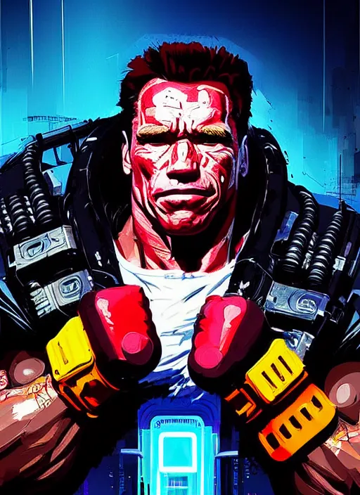 Prompt: portrait of schwarzenegger as cyberpunk street fighter, by ismail inceoglu