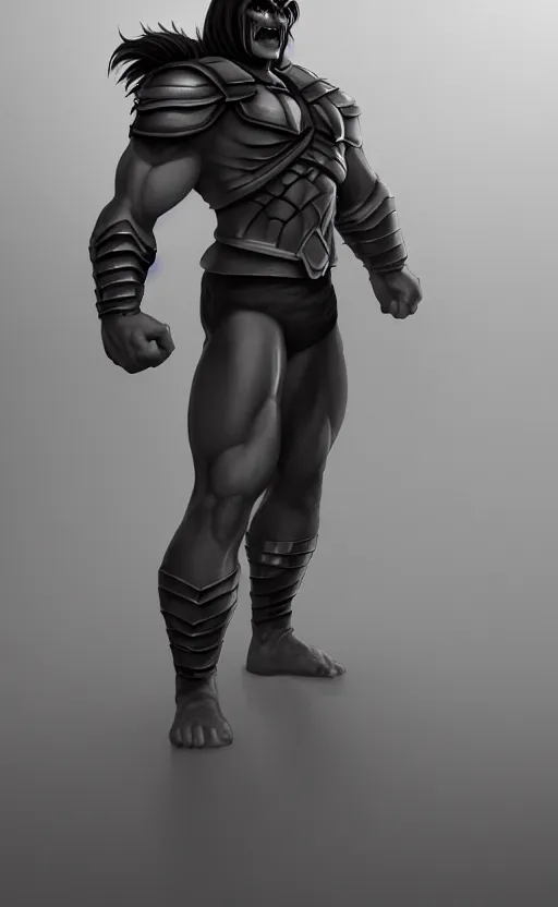 Prompt: Full body centered uncut character pose of mysterious-eerie-ominous He-Man with a dark manner, dark grey shadowy background, professional studio lighting, high detailed, atmospheric, cinematic, Epic, 4k, ultra-detailed, ultra-realistic, colored ZBrush render, artwork by Adam Paquette