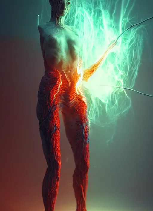 Image similar to rgb wires, portrait, woman, fire, rage, cinematic, movie scene, inspired by zdzislaw beksinski, clothes made out of veins,, cables everywhere, bedroom, ultra realistic, concept art, intricate details, highly detailed, photorealistic, octane render, 8 k