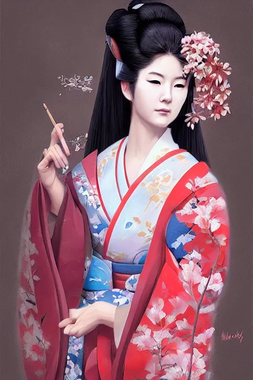 Image similar to Beautiful Geisha Portrait, character portrait art by Mandy Jurgens, 4k portrait, magical mood from japan, cgsociety