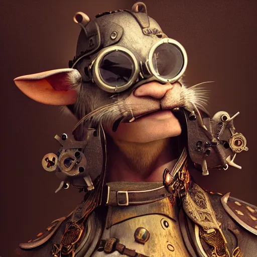 Image similar to rat warrior with steampunk goggles, clockwork, octane render, epic, cinematic, psychedelic, lsd, by ruan jia