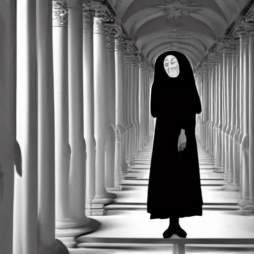 Image similar to nightmare vision, short depth of field. black and white, award winning photo of smiling levitating twin nuns, wearing translucent sheet, Mary in a sanctuary, mirror hallways, eerie, tall columns, frightening —width 1024 —height 1024