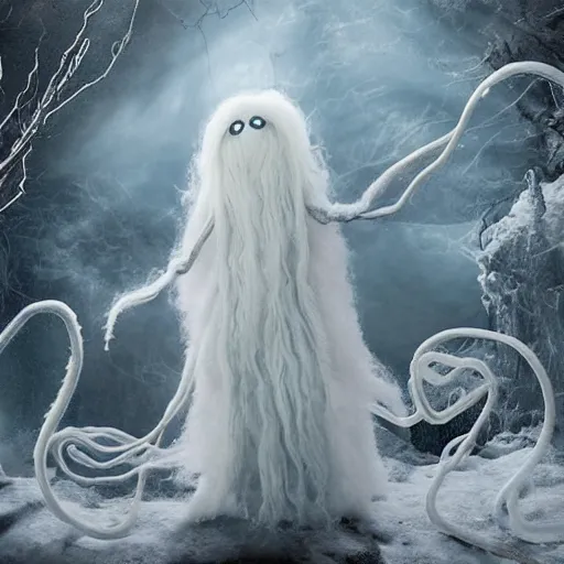 Prompt: an ethereal dream like fantasy fluffy ghost like spooky live action muppet wraith like figure with a squid like parasite latched as its head and four long tentacles for arms that flow gracefully at its sides like a cloak while it floats around a frozen rocky tundra in the snow searching for lost souls and that hides amongst the shadows in the trees, this character has hydrokinesis and electrokinesis is a real muppet by sesame street, photo realistic, real, realistic, felt, stopmotion, photography, sesame street