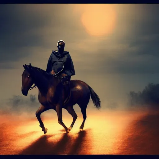 Prompt: a wideshot of a masked kanye west riding a horse into the night as riots go on in the background, dark, blue hour, cinematic lighting, by alan lee, intricate, grim, digital art, trending on artstation