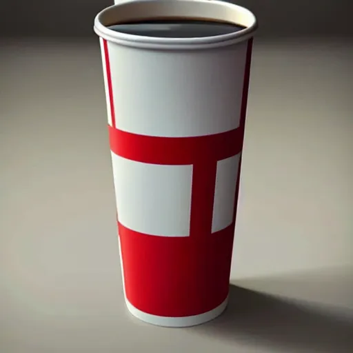 Prompt: white paper cup with red strip!!!, hyperrealistic, highly detailed, cinematic, volumetric sunlight, beautiful, cgssociety, artstation, 8 k, oil painting by greg rutkowski, by artgerm, by wlop