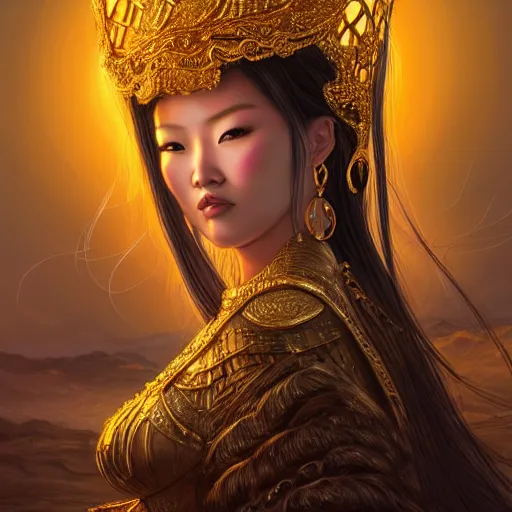 Prompt: beautiful closeup portrait of a gorgeous mongolian princess in a sensual pose covered with golden ornate armor, centered face, with full makeup, intricate, volumetric lighting, sharp focus, ultra detailed, artwork by bowater, charlie, brom, gerald, lake baikal in the background