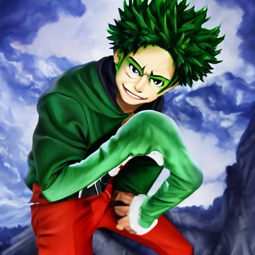 Prompt: an oil painting of a izuku midoriya wearing a hip - hop halloween costume of the devil, by artgerm, hd, hdr, ue 5, ue 6, unreal engine 5, realistic anime 3 d style, cinematic 4 k wallpaper, 8 k, ultra detailed, gta cover art, high resolution, artstation, award winning