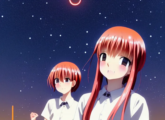 Image similar to anime visual, full body portrait a young woman with red hair looking up at the stars in the park at midnight, cute face by ilya kuvshinov, yoshinari yoh, makoto shinkai, katsura masakazu, dynamic perspective pose, detailed facial features, kyoani, rounded eyes, crisp and sharp, cel shad, anime poster, ambient light,