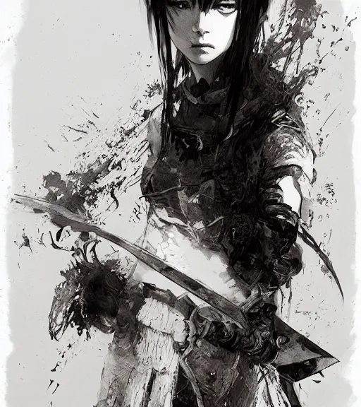 Image similar to portrait of anime girl holding a machete, pen and ink, intricate line drawings, by craig mullins, ruan jia, kentaro miura, greg rutkowski, loundraw