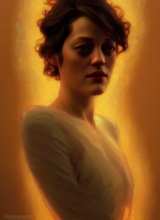 Image similar to portrait of marion cotillard, intricate, elegant, glowing lights, highly detailed, digital painting, artstation, glamor pose, concept art, smooth, art nouveau, sharp focus, illustration, art by wlop, alphonse mucha and craig mullins