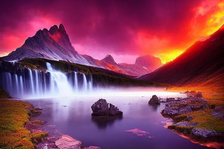 Prompt: surreal amazing landscape photo of mountains with lake and destroyed castle on top of a waterfall at sunset by Marc Adamus beautiful dramatic lighting,