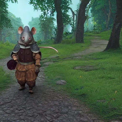 Image similar to an anthropomorphic rat dressed in medieval clothing, walking through a lush forest, studio Ghibli, kingdom come deliverance