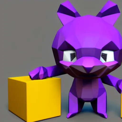 Prompt: a small purple animal with a yellow box on its head, a low poly render by miyamoto, polycount, rayonism, low poly, polycount, rendered in maya