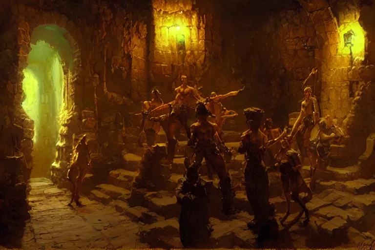 Prompt: dungeon, painting by gaston bussiere, craig mullins, j. c. leyendecker, tom of finland