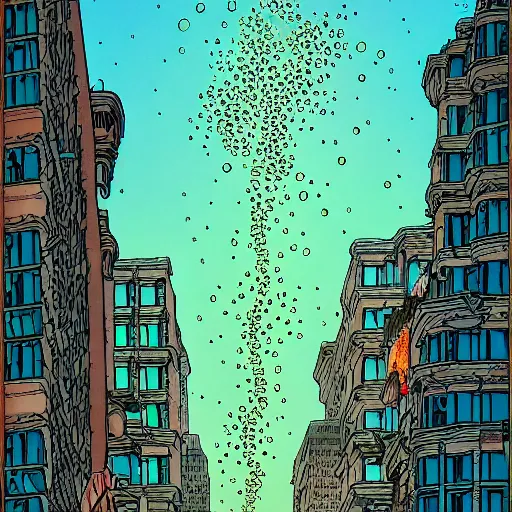 Prompt: alien bubbles floating in a city of lights, people from buildings trying to jump on the bubbles, comic book panel, by moebius