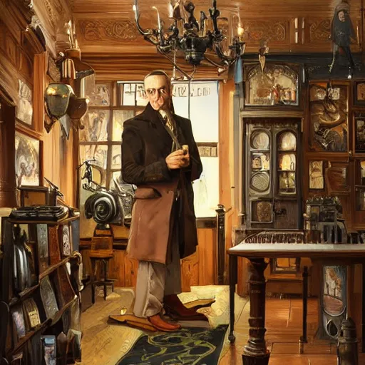 Prompt: brown black coat in the old antique shop, standing pose, pulp art, fantasy, intricate, elegant, highly detailed, digital painting, artstation, concept art, matte, sharp focus, illustration, hearthstone, art by rhads and artgerm and greg rutkowski and alphonse mucha.