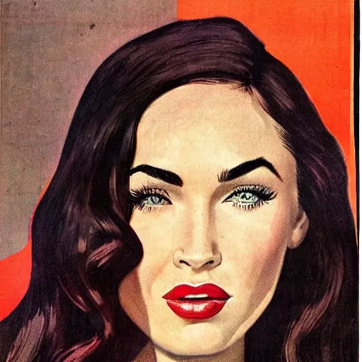 Image similar to “Megan Fox portrait, color vintage magazine illustration 1950”