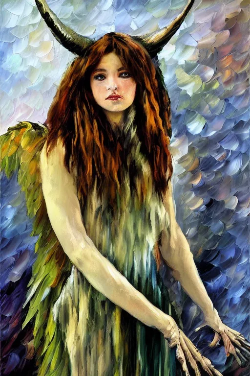 Image similar to palette knife oil painting portrait of a harpy angel girl, feathered long hair, talons, claws, horns, bones,, extreme detail, style by leonid afremov and degas, artstation trending, artgerm, deviant art, octane, substance, art history 8 k, green brown and grey earth tones palette