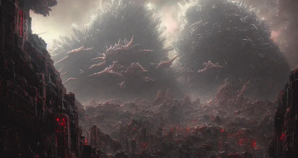 Prompt: realistic landscape beautiful detailed matte painting of cinematic movie scene, evangelion versus kaiju in tokyo. action horror, created by gustave dore and greg rutkowski, high detailed, smooth draw, synthwave neon retrofuturism, intricate, realistic proportions, dramatic lighting, trending on artstation.