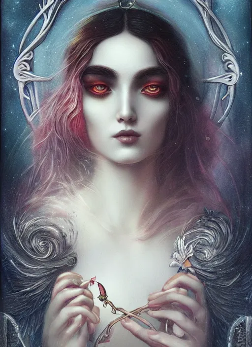 Prompt: beautiful detailed painting of a tarot card, by tom bagshaw