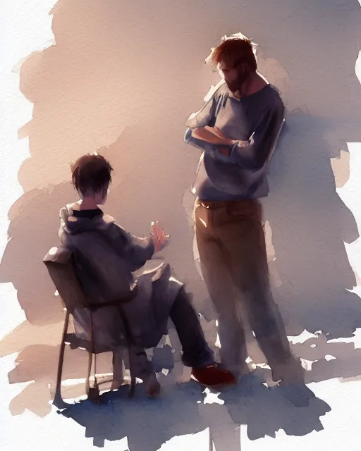 Image similar to father consoling son digital painting, pixiv, artstation,, watercolor, sharp focus, high quality