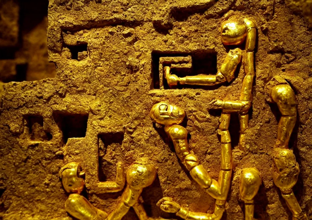 Image similar to Archaeologists discover ancient golden robot inside Mayan burial chamber. Photorealistic. Intricate details.