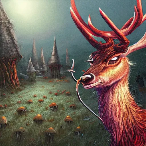 Image similar to 4 k headshot portrait of a psychedelic demonic anthropomorphic deer - horned wendigo smoking a hand - rolled cigarette smoking heavily, magic mushroom village in background. award winning. superb resolution. in the art style of junji ito and greg rutkowski. detailed mushroom city in background. hyper realistic anime. perfect art. dalle 2