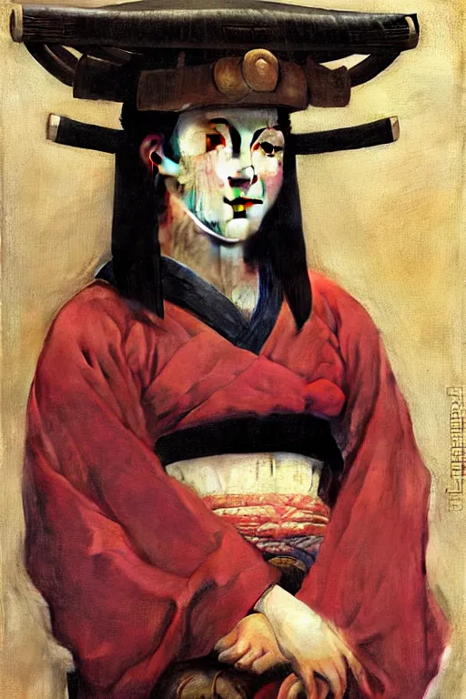 Image similar to portrait of a woman in samurai helmets, by bouguereau